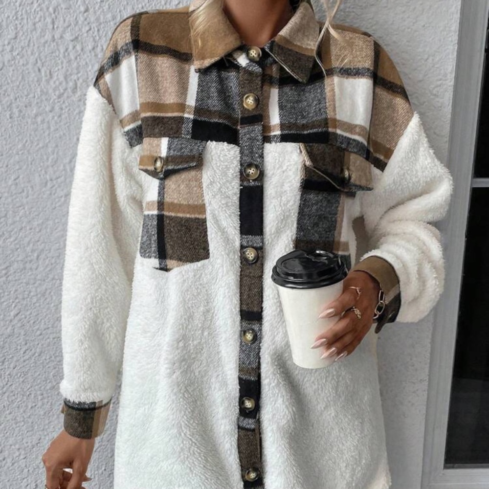 New plaid print button down Teddy jacket - Picture 2 of 7